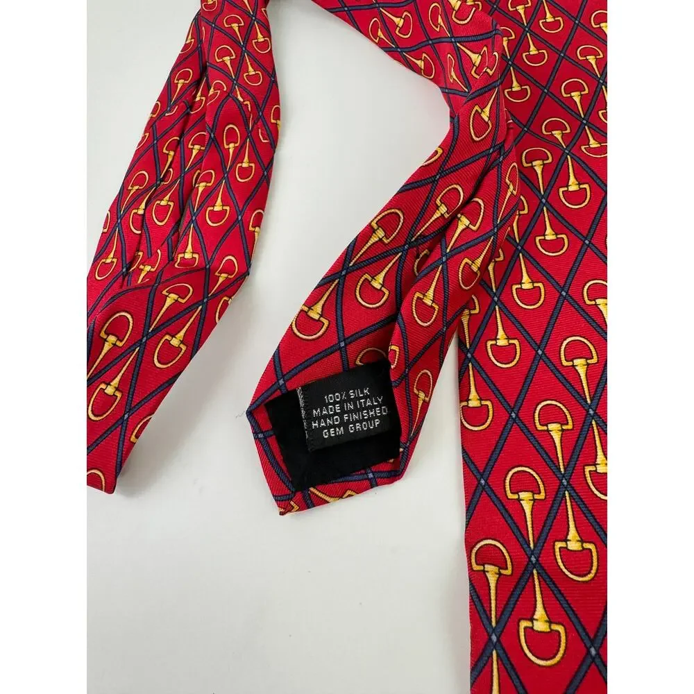 Vintage Paolo GUCCI Red Gold Horsebit Diamond Print Business Work Career Tie